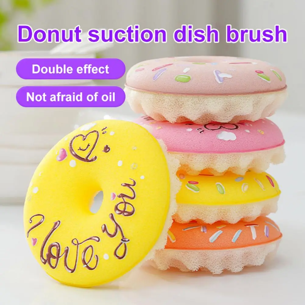 2/3/4 Pcs 11cm Donut Sponge With Suction Cup Non-Scratch Quick Drainage Sponge Non-stick Dishwashing Brush Cookware Kitchen Tool