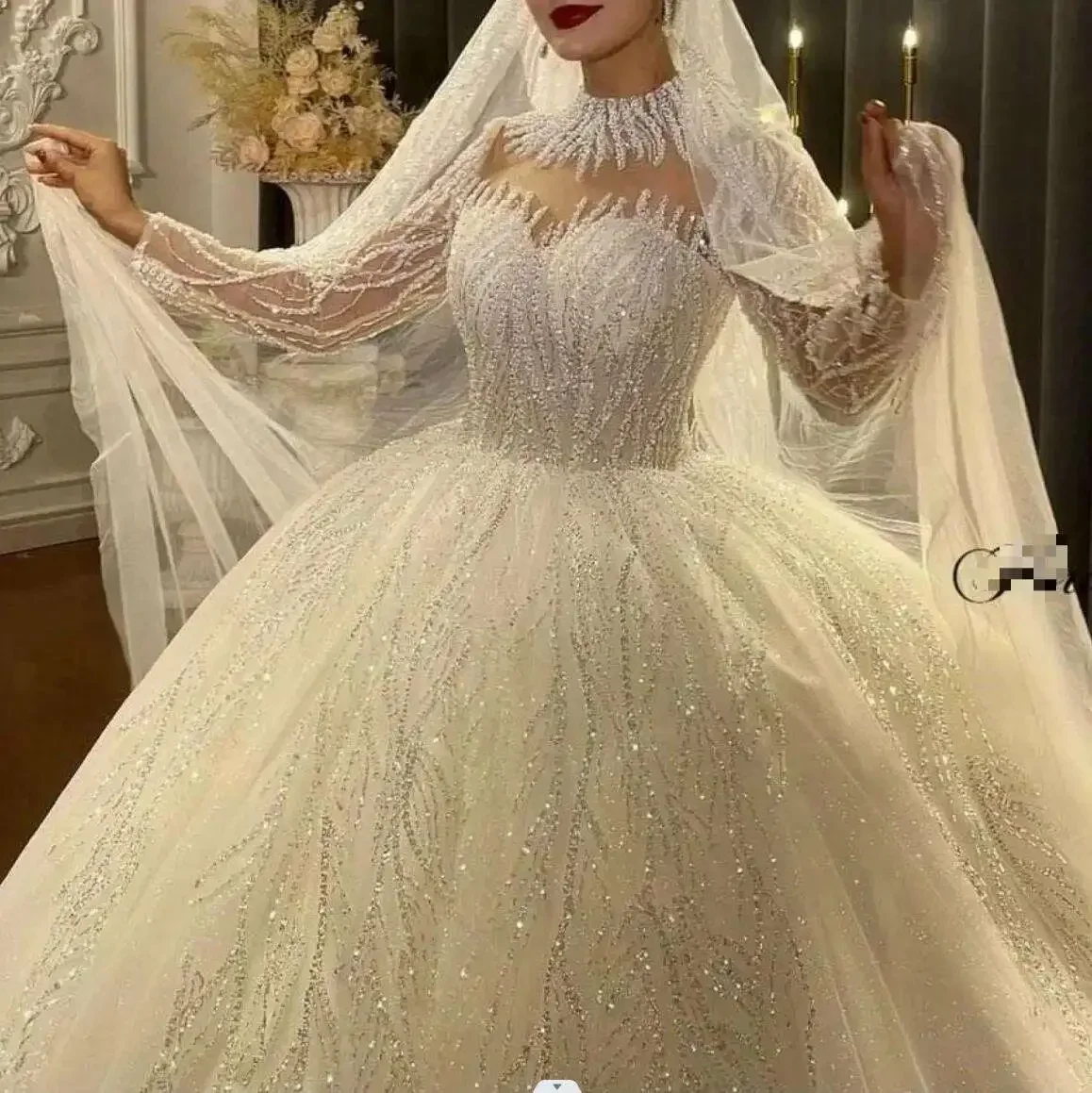 Customized Sparkly Beads Sequins Ballgown Wedding Dress Sweep Train Long Sleeves Vestido De Noiva Puffy  Bridal Gown