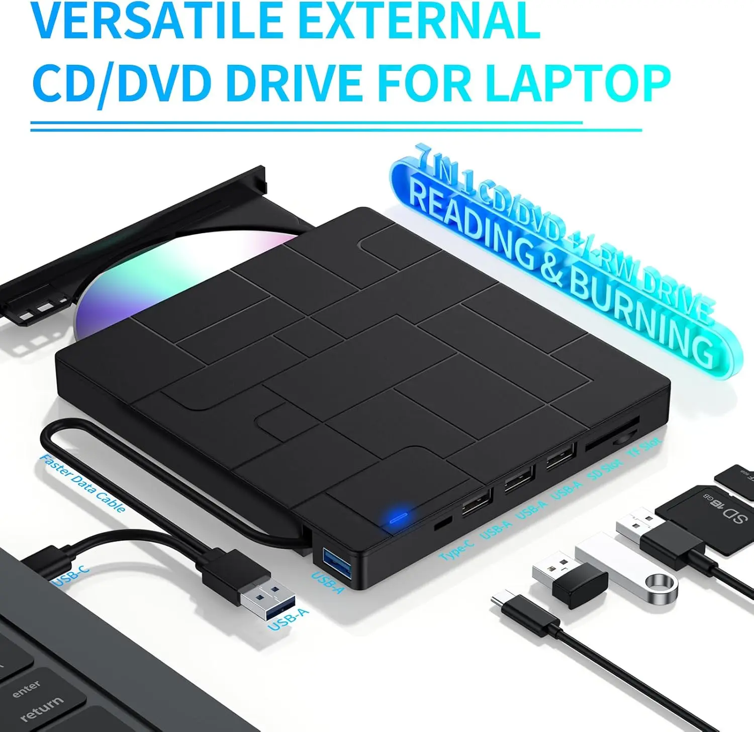 

Внешний CD/DVD-привод, портативный USB 3.0 и Type-C CD/DVD-рекордер с кардридером SD/TF, DVD-плеер для ноутбуков и настольных ПК