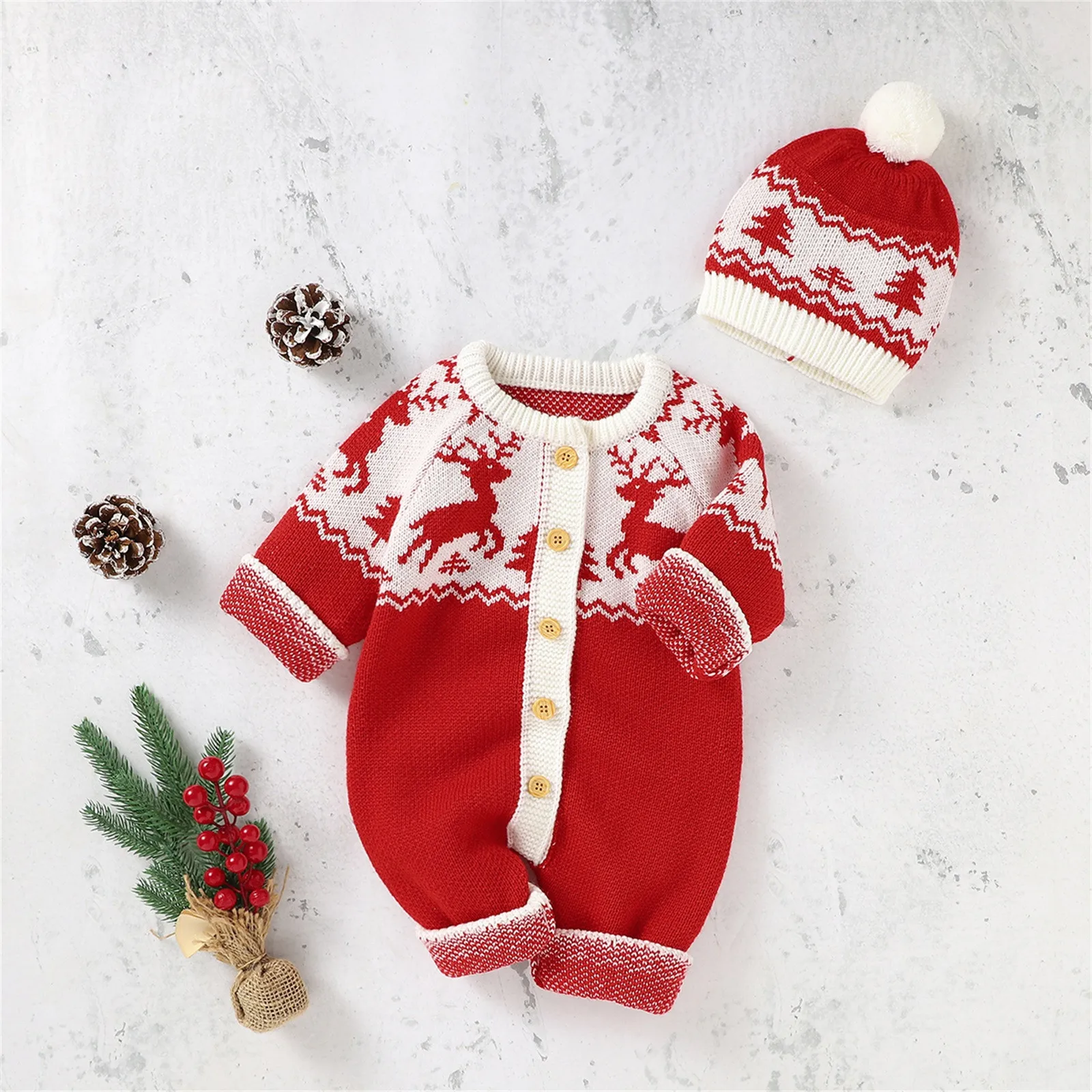 Christmas Baby Rompers Newborn Long Sleeves Knitted Strap Jumpsuit With Hat One Piece Infant Kids Boy Girl Overall Clothes 0-18M