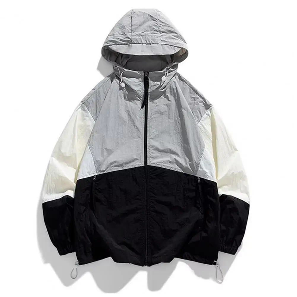 Men Summer Sun Protective Coat Hooded Long Sleeve Anti-UV Thin Jacket Adjustable Drawstring Zippered Placket Anti-UV Coat 남자 재킷