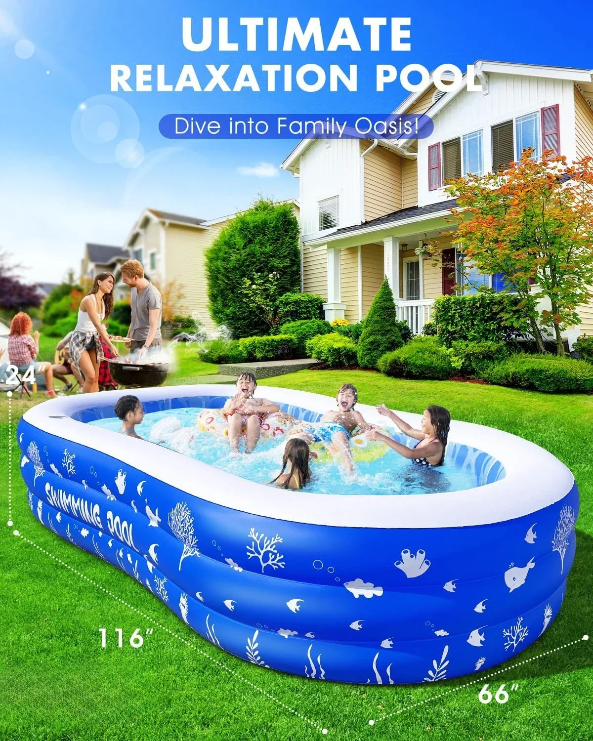 Inflatable Swimming Pool,Thickened Blow Up Pool,Backyard Pool, Above Ground Pool,Large Kiddie Pool for Toddlers