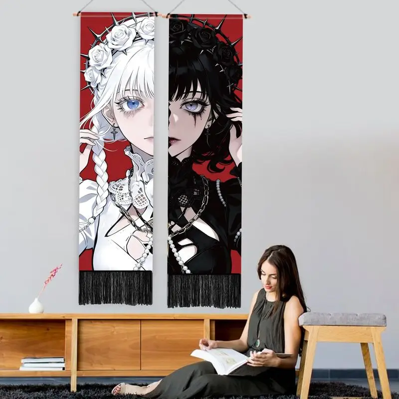 VIKAMA Gothic Anime Girl Long Tassel Tapestry Thorn Crown Black White Rose Wall Hanging Dark Aesthetic Bedroom Dorm Wall Decor