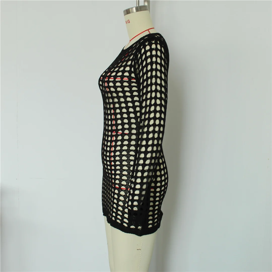 Langarm-Tunika mit Aushöhlungen, einfarbig, gehäkelt, gestrickt, Strandkleid, Strandmode, Damen V8510 – Detail 18