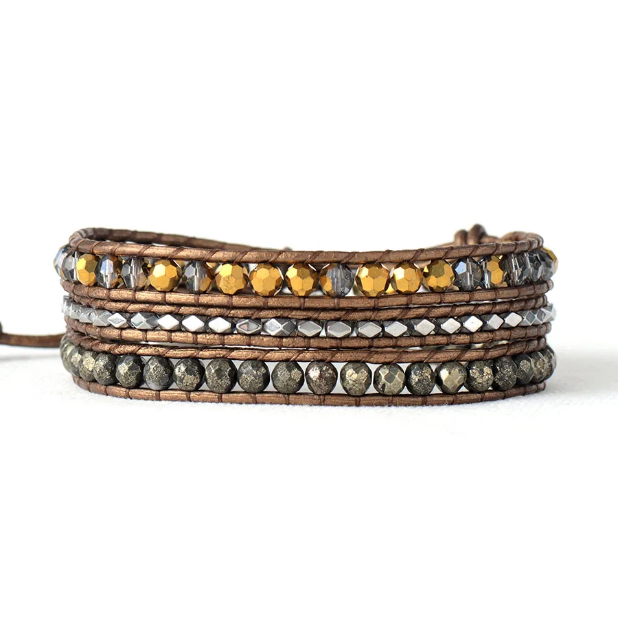 Leather Woven Bracelet Crystal Pyrite 3 Times Wrap Bracelets Beads Armband Beadwork Bracelet Jewelry Wholesale