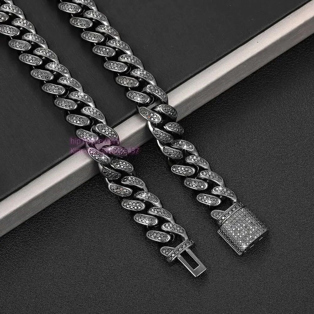 Hip Hop Jewelry Black Moissanite 12mm Miami Cuban Chain Round Cut Moissanite Diamond 925 Silver Cuban Chain Necklace