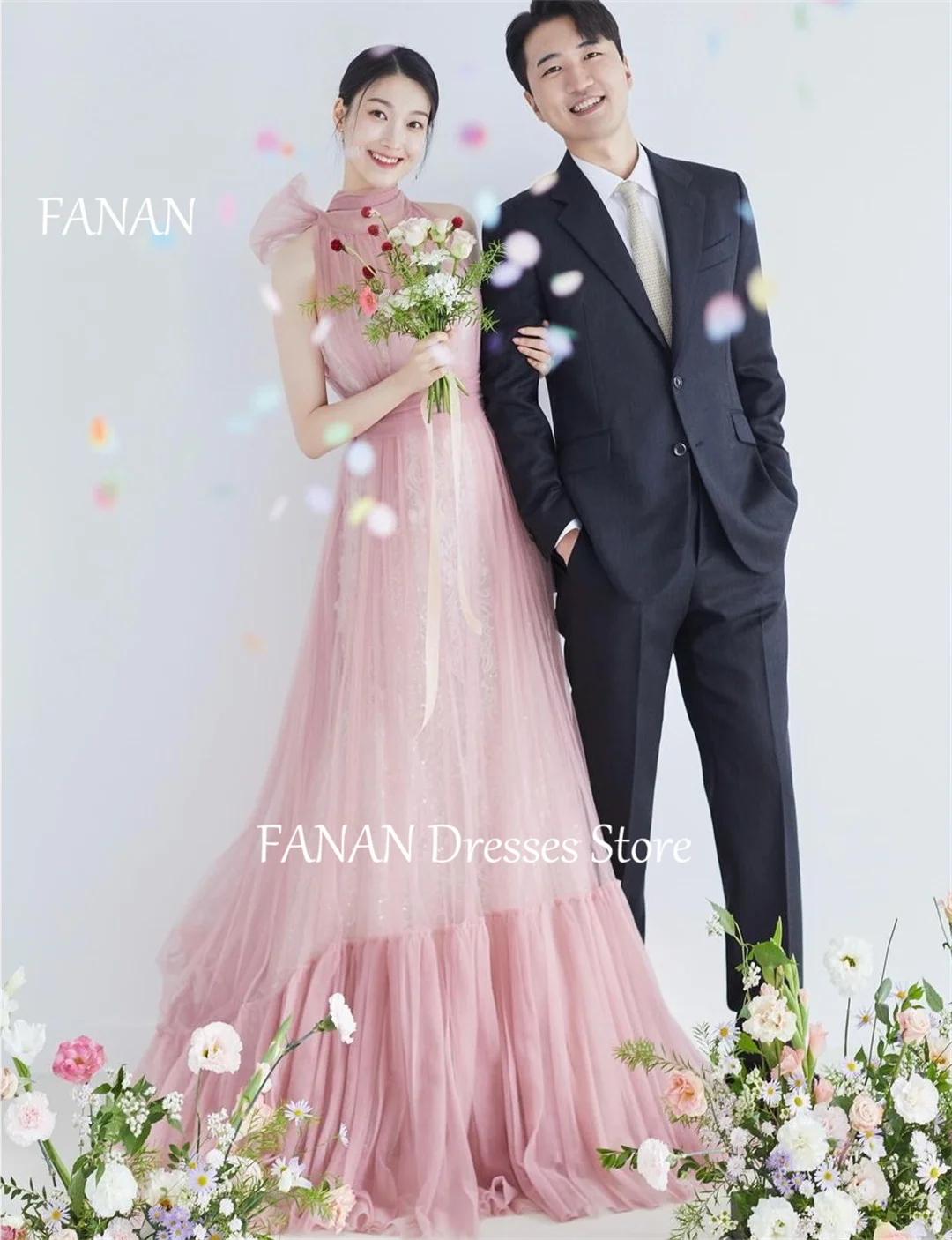 

FANAN Pleats High Neck Tulle Evening Party Dresses Pink Korea Zipped Sleeveless Wedding Women Formal Gowns Event Prom Gowns