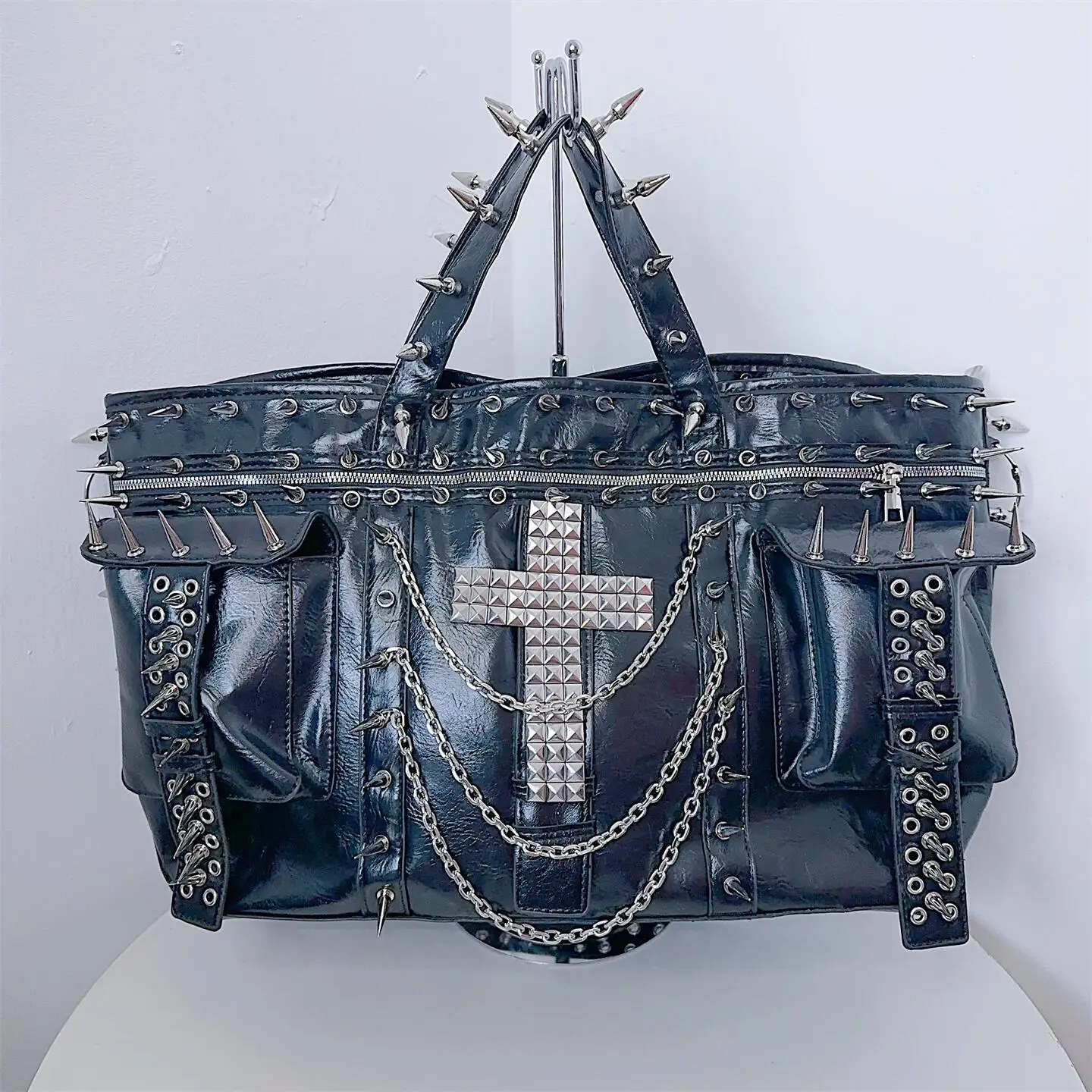 Large Capacity Crossbody Bags for Women's Shoulder Bag Y2K Spice Girls Cross PU Leather Bag Rivet Punk Rock Tote Bag