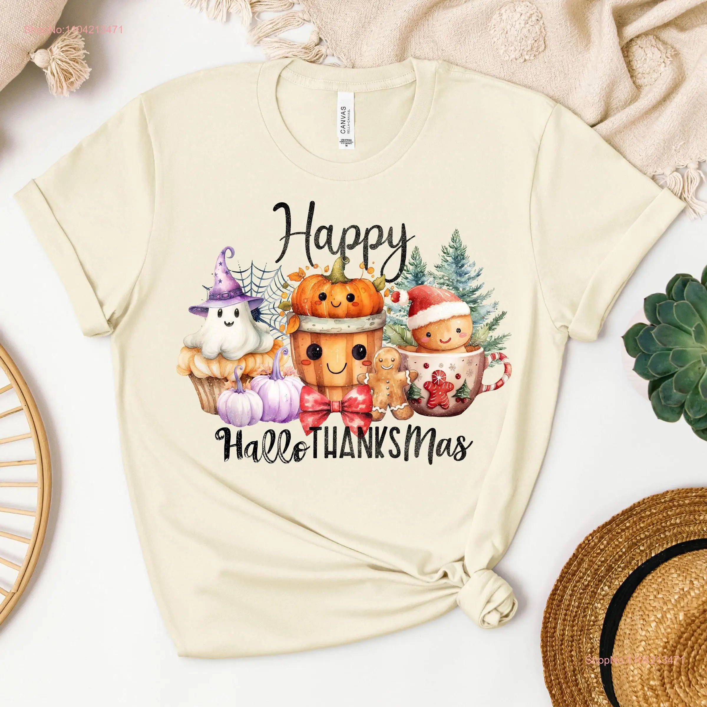 Happy Hallothanksmas T Shirt Halloween Thanksgiving Christmas Holiday Season Funny Fall Autumn long or short sleeves