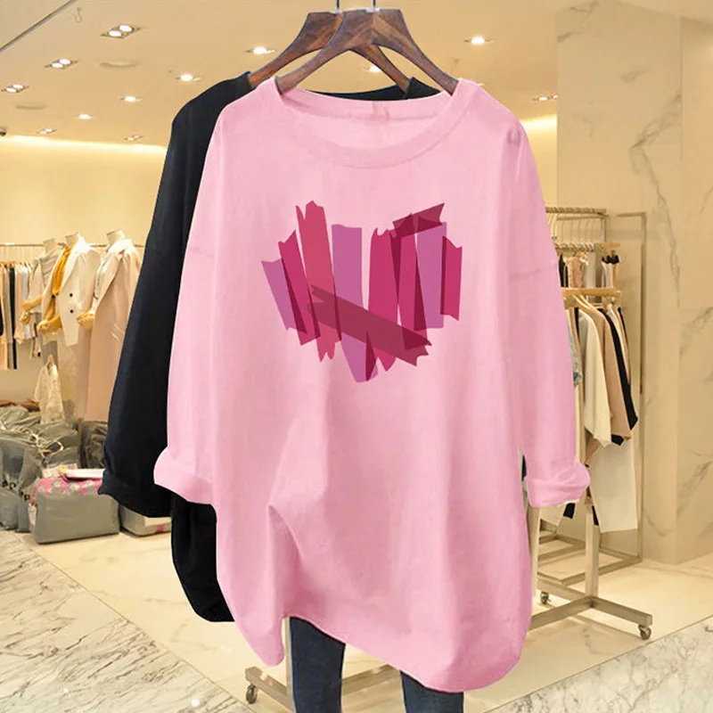 Women Clothing Chic Hand-Painted Love Print T-shirts Autumn Casual Loose O-neck Long Sleeve Pullover Lady Pure Cotton Top Tees