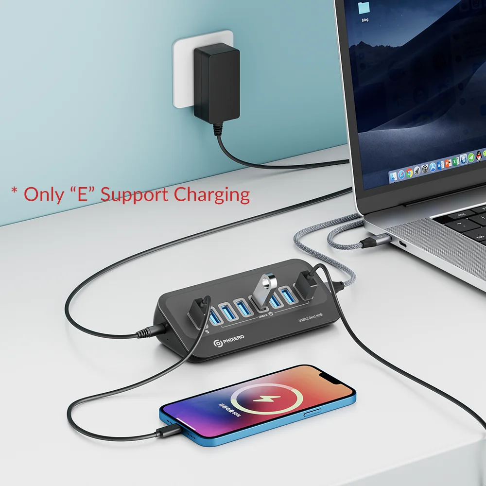 PHIXERO-Répartiteur de concentrateur USB 3.2, adaptateur de type C à plusieurs ports, commutateur multi-prises S6 3.0 avec lecteur de carte TF Micro SD pour PC Macbook