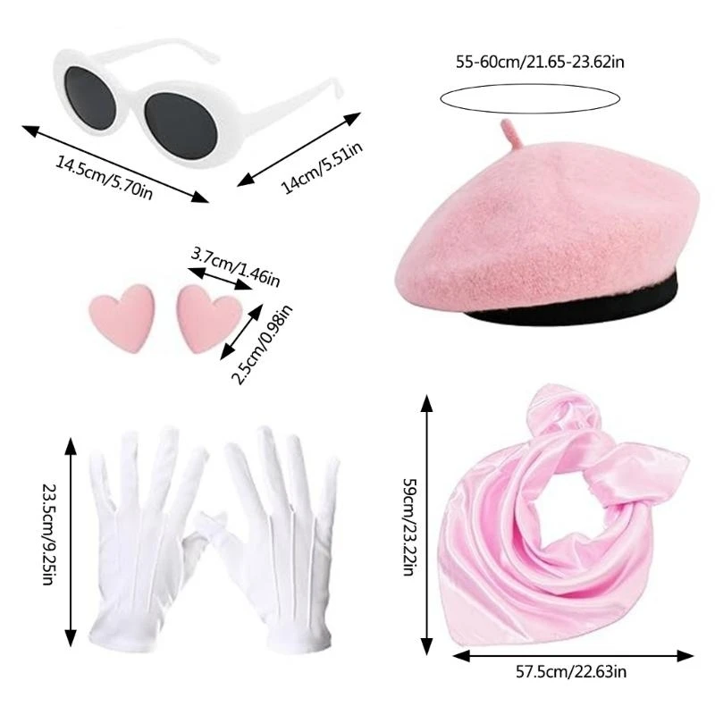 652F Ladies 1980s Costume Hat with Sunglasses Heart Earrings Gloves Scarf for Women Birthday Themed Party Music Festival