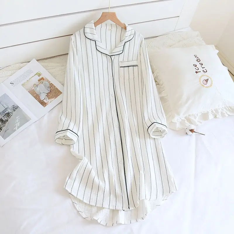 Cotton Sleepwear Women Long Sleeve Nightgown Bathrobe Large Size Sleep Shirt Striped Buttons Night Dresses Loungewear Bath Robe