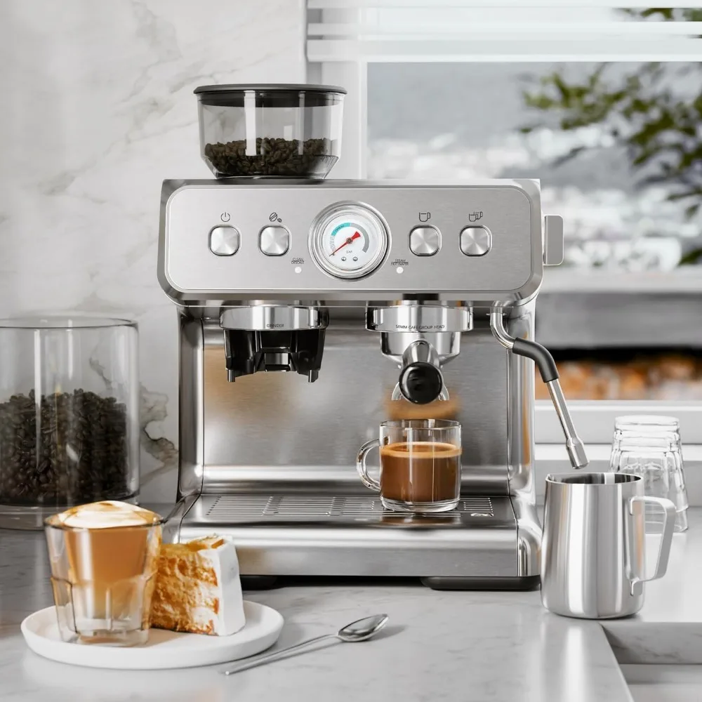 Espresso Machines with Grinder, 20 Bar Professional Espresso Maker with Milk Frother Steam Wand & Removable Water Tank for Latte