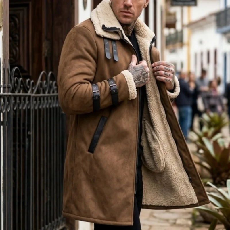 

New Winter Windproof Jacket - Mid-length Warm Fleece Coat Double Collar Double-layered Outdoor Warm Coat Street Mens Jacket