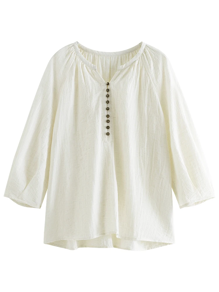 FSLE French Linen Beige Three-quarter Sleeve Elegant Summer Thin Shirts Loose Round Neck Pullover Blouses 24FS12211