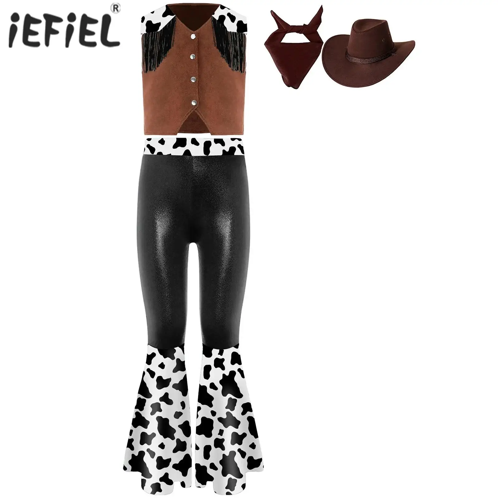 

Детский ковбойский костюм для девочек, комплект из 4 предметов, наряд с принтом, v-образный вырез, грудь, бахрома, жилет, брюки-клеш, шарф и шапка