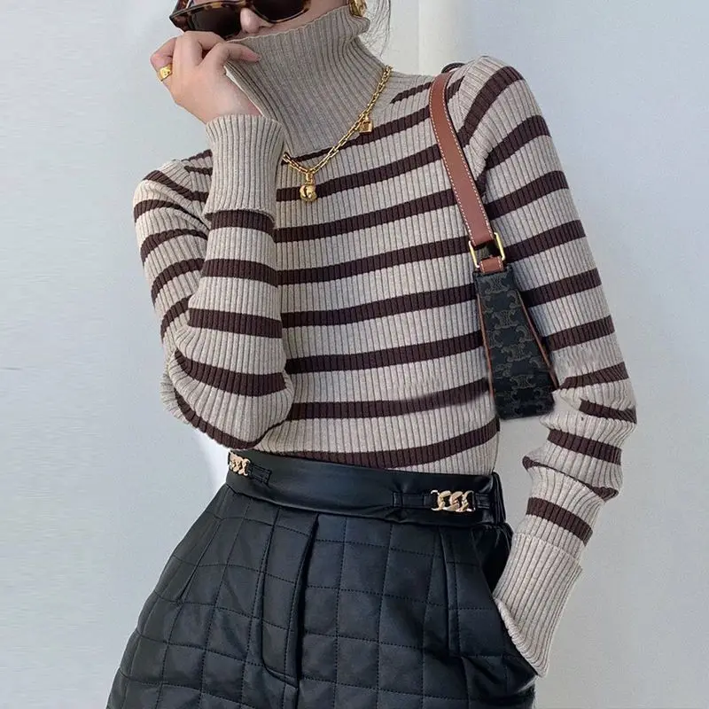 Striped Turtleneck Sweater for Women Slim Pullovers Elegant Autumn Long Sleeve Свитер Ropa Mujer Korean Fashion Knitted Clothing