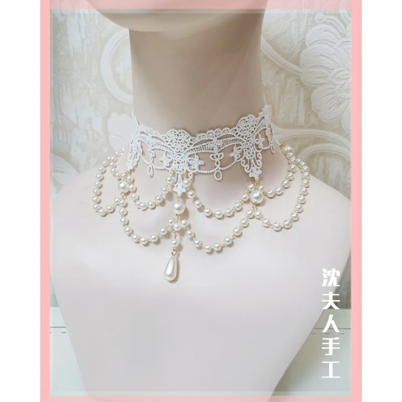 Original Super Gorgeous Lolita Necklace Flower Wedding Pearl Water Drop Multi-layer Lace Necklace Jewelry
