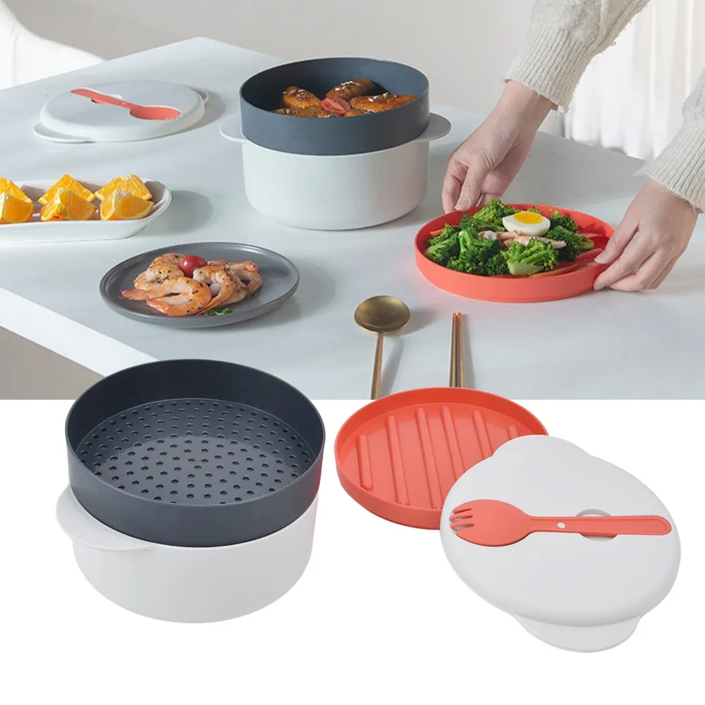 2L Capacity Microwave Vegetables Cooker Prevent Burns Handle Multi Layer Stackable Microwave Steaming Container White PP
