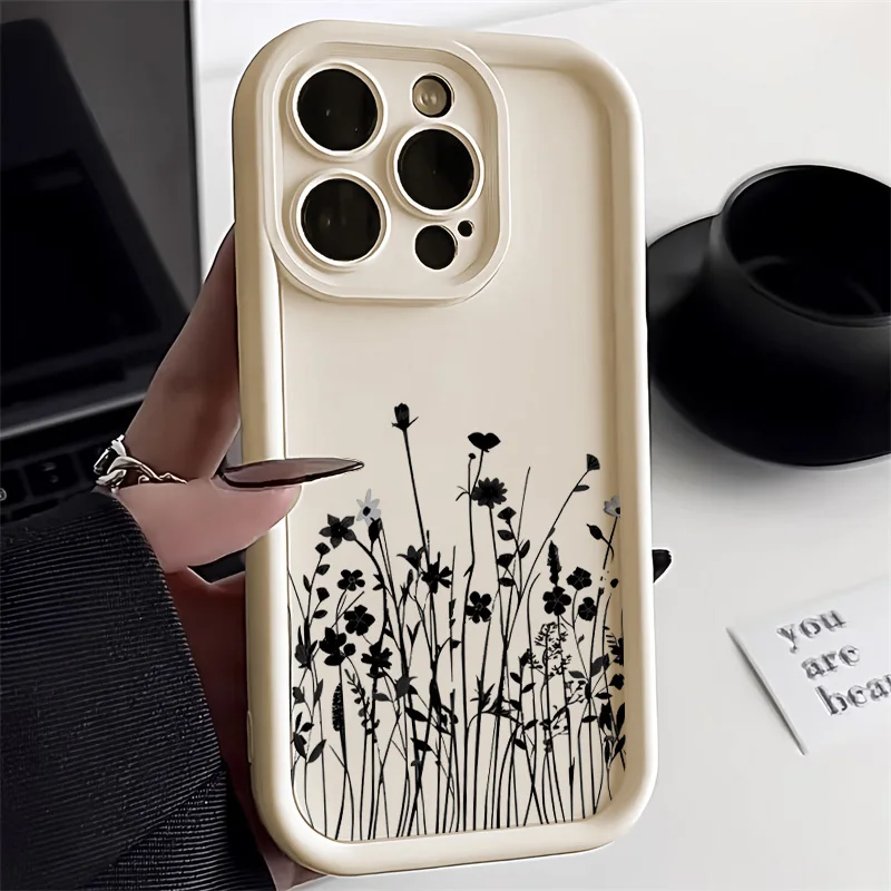 

Black Flower Phone Case For iPhone 15 Pro Max Case iPhone 14 11 12 13 16 Pro Max XR X XS 7 8 Plus SE Silicone Cover Soft Funda