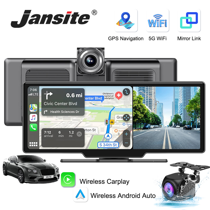  10.26'' Dash Cam 4K Car Mirror Video Player Wireless Carplay Android Auto GPS Car Monitor Multimedia Rearview Camera Dashboard 