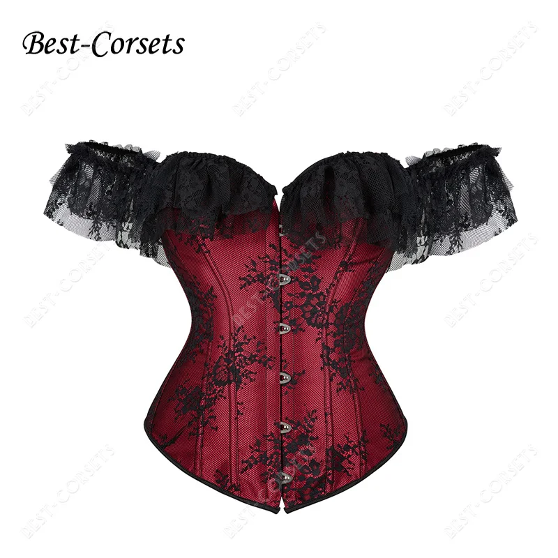 Corset Top for Women Off Shoulder Steampunk Bodices and Corsets Red Sexy Bustier Lace Short Sleeves Jacquard Women's Corselet