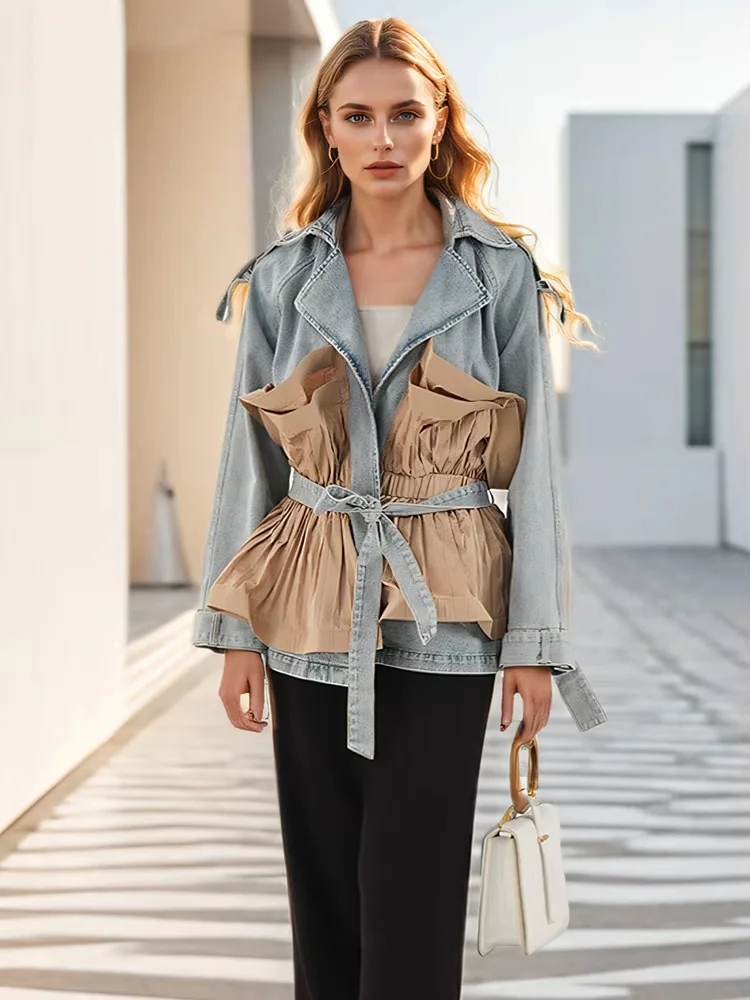 

Fashion Women's Denim Coat Lace-up Lapel Contrast Color Patchwork Waist Retraction Jackets Autumn 2024 New