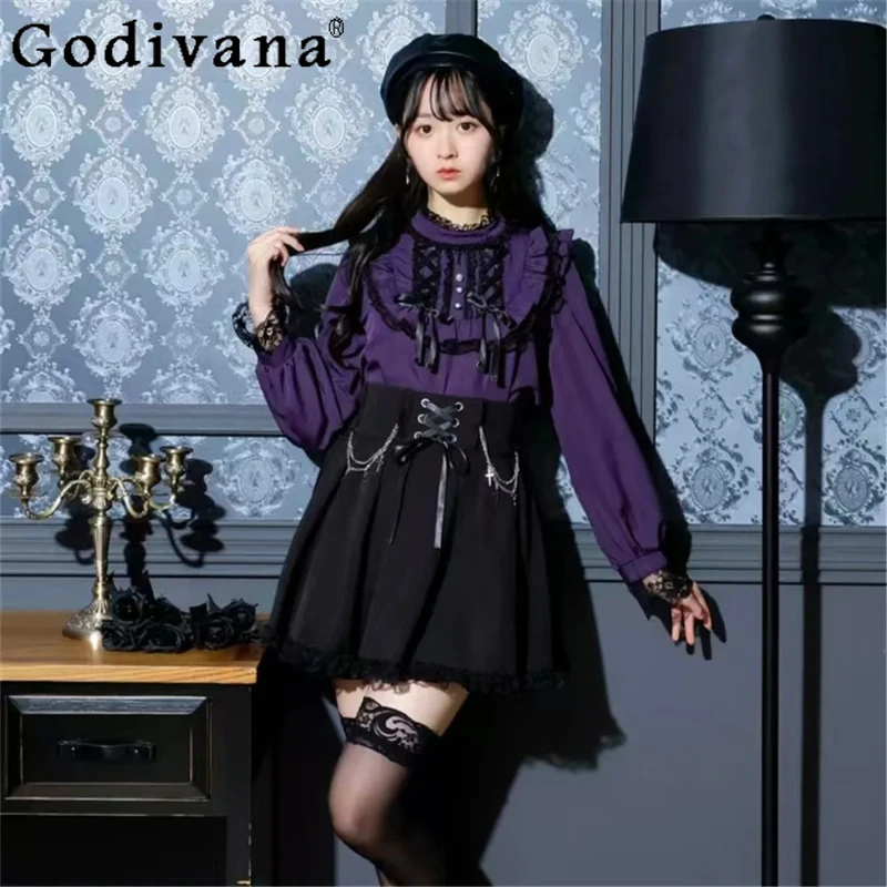 Japanese Lolita Ladies Sweet Gothic Lace-Up Long Sleeve Shirt Purple Lace Stand-Up Collar Versatile Age Reduction Fashion Top
