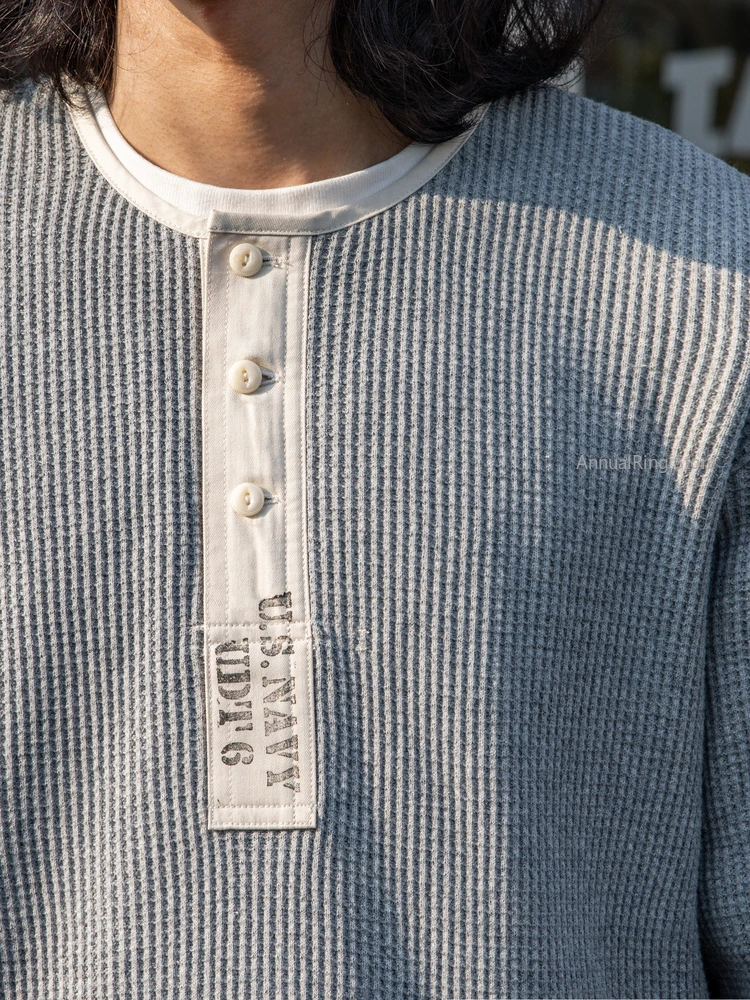 Red Tornado USN UDT Waffle Henley Shirt Rugged Style Men's 100% Cotton Long Sleeve Knit Tee Basic Layer