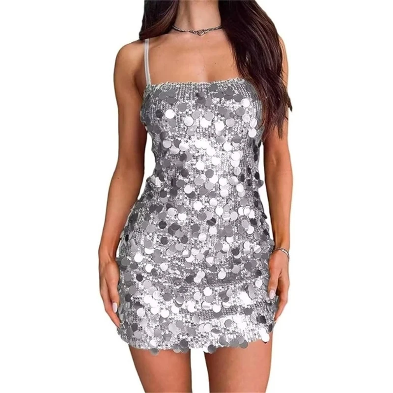 Fashionable Sequined Cami Dress for Women Glittering Backless Bodycon Mini Dress for Nightclub Parties P8DB