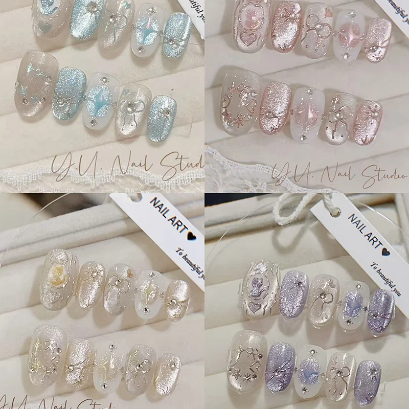 10/30 Peças de Unhas Falsas Ovais com Design de Estrela, Unhas Falsas de Cobertura Total, Unhas Adesivas com Glitter Aurora