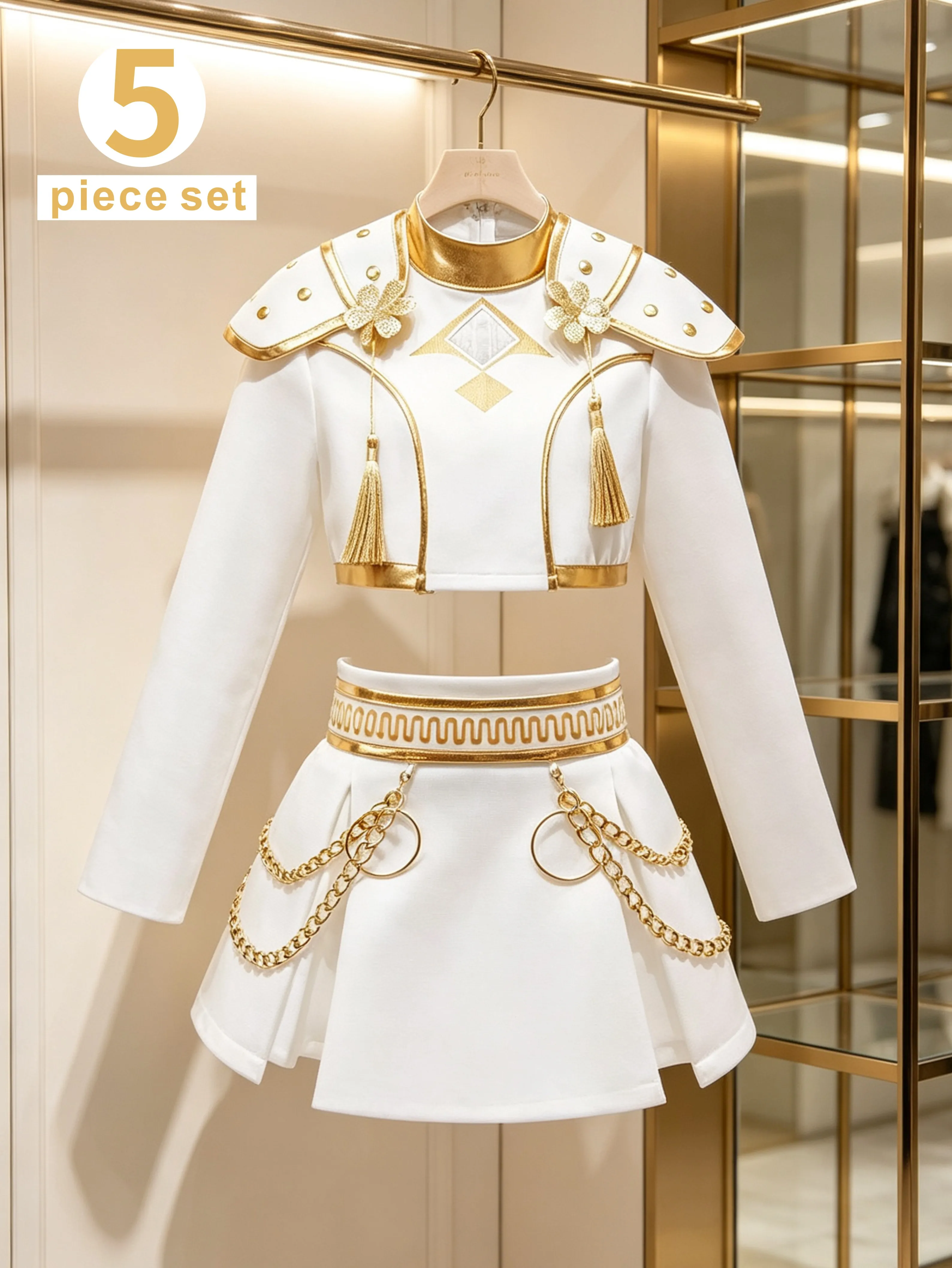 Girls White Gold Stage Performance Costume Kids Long Sleeve Crop Top Skirt Set Dance Outfit Halloween Party Fancy Dress Uniform