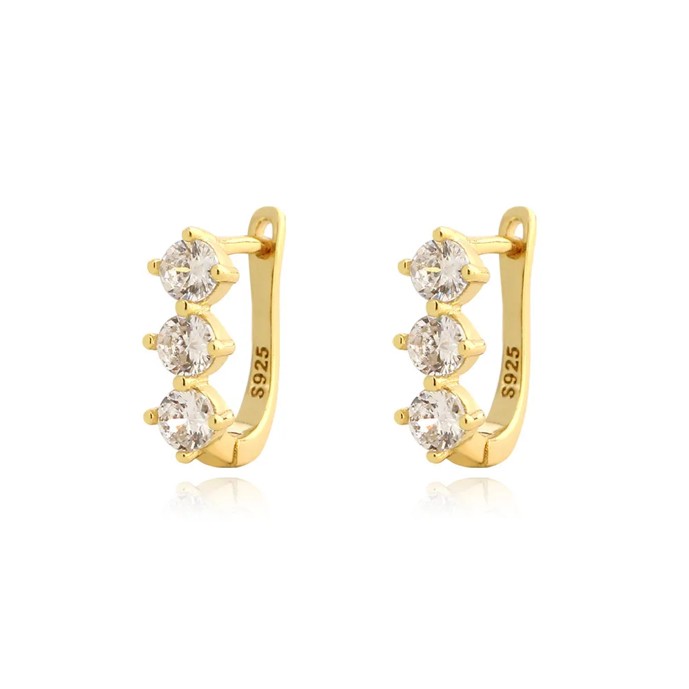 

CCFJOYAS 100% 925 Sterling Silver U-shaped Three Zircon Hoop Earrings for Women Light Luxury Exquisite Wedding Party Jewelry
