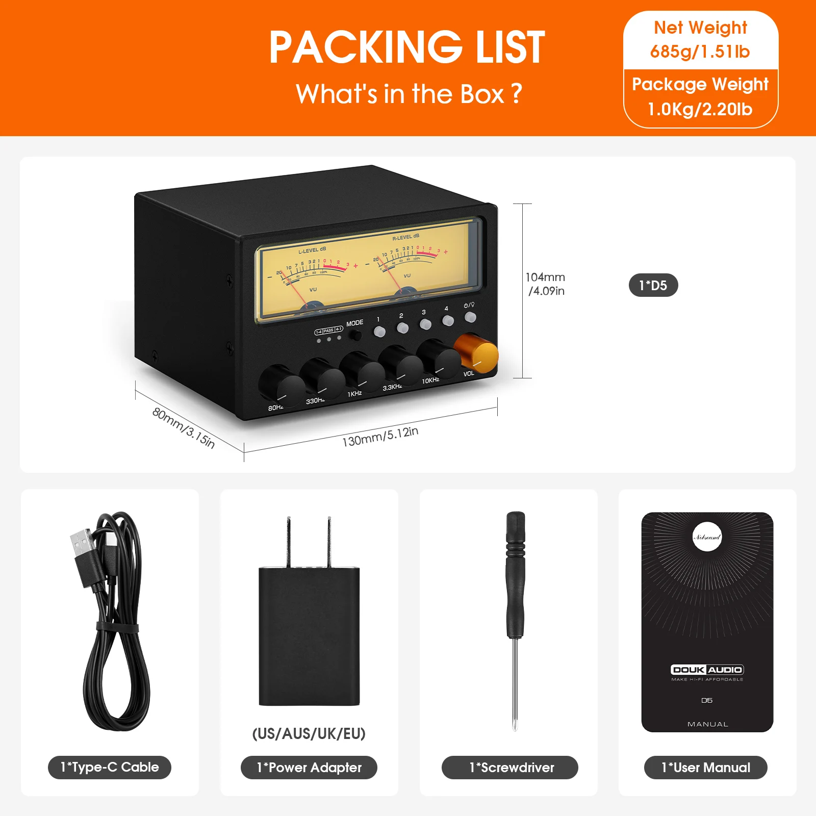 Douk Audio D5 4-Way Audio Switcher Splitter HiFi 5-Band Stereo EQ Preamp Equalizer with VU Meter view 6