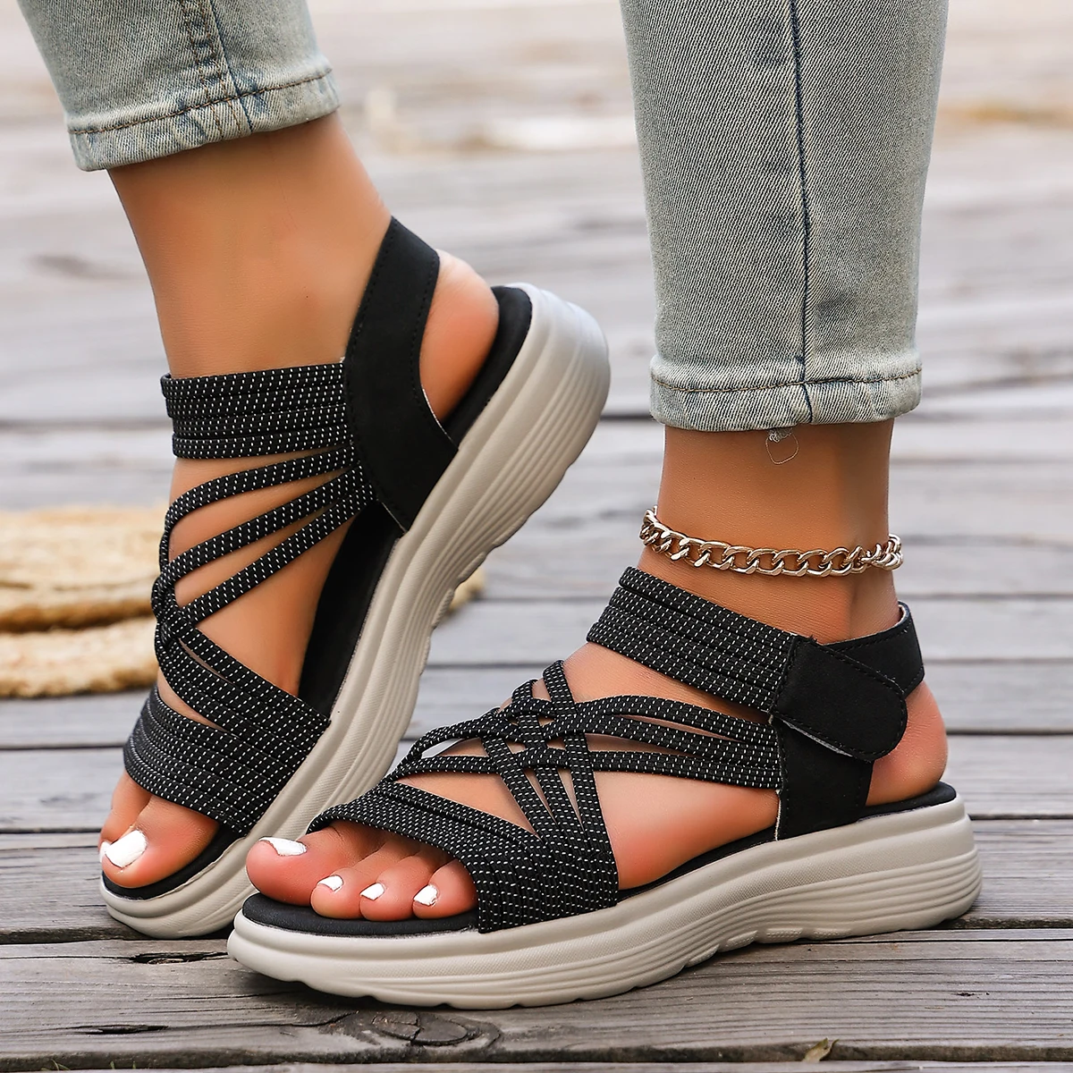 Damen-Sandalen, rutschfeste Keilabsatzschuhe mit dicken Sohlen für Damen, Sommer, Outdoor, Freizeitsandalen, modische, elastische Sportschuhe mit offener Zehenpartie