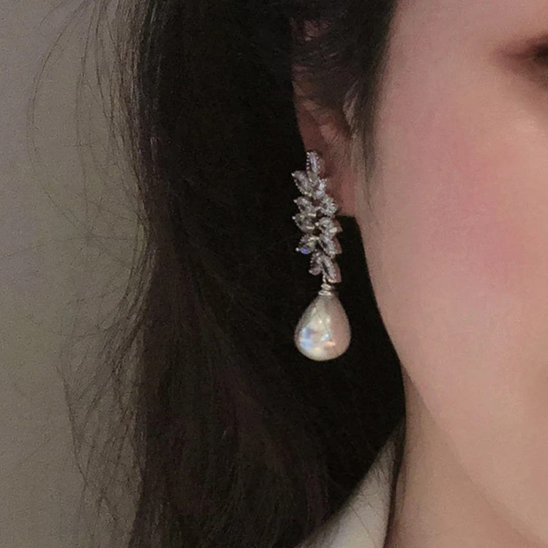 Huitan Sparkling Imitation Pearl Dangle Earrings for Women Crystal CZ Aesthetic Bridal Wedding Earrings Gift New Trendy Jewelry