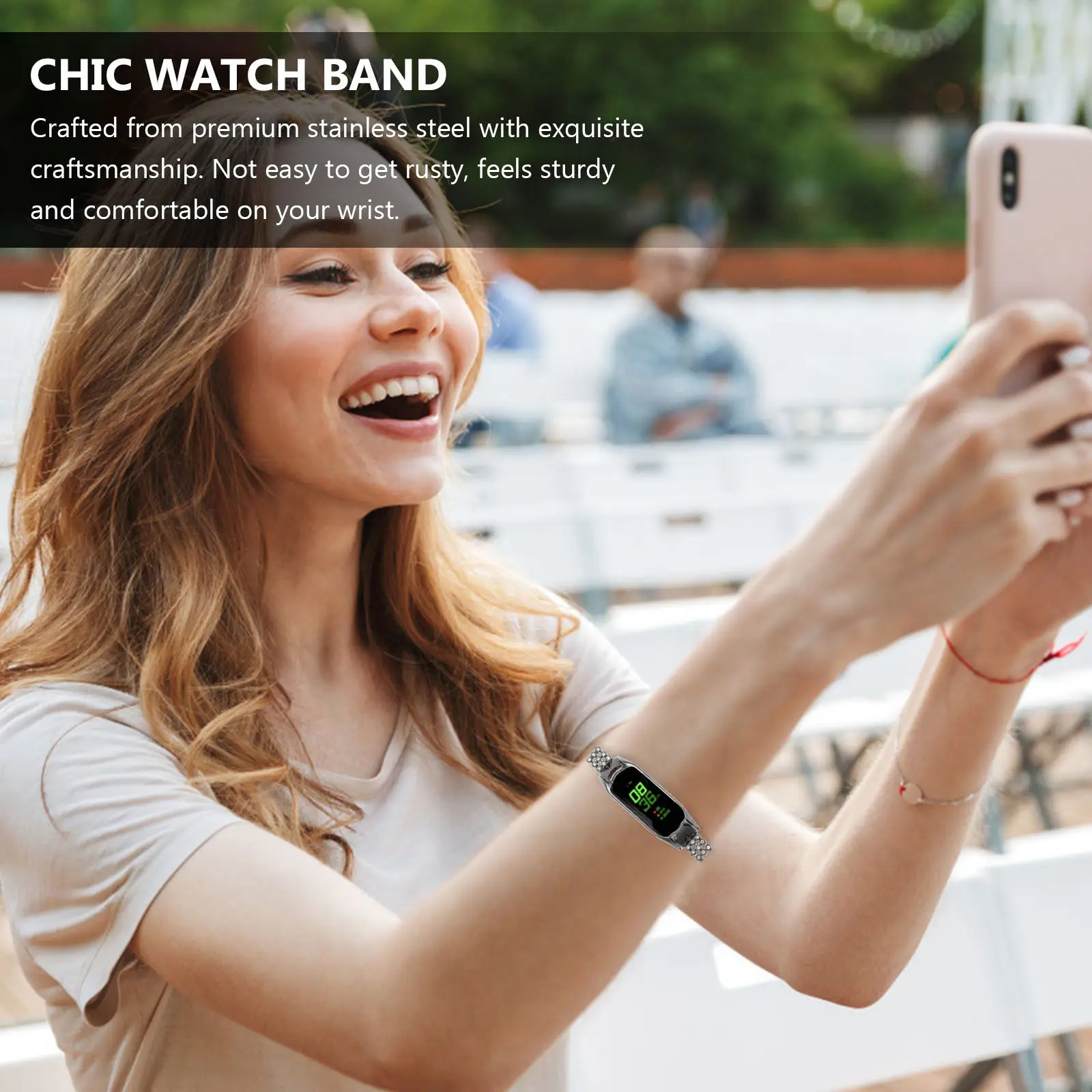 

1Pcs Water Diamond Watch Band Stainless Steel Stylish Replacement Strap Comfortable Chic Wristband for 5 Fitness Business