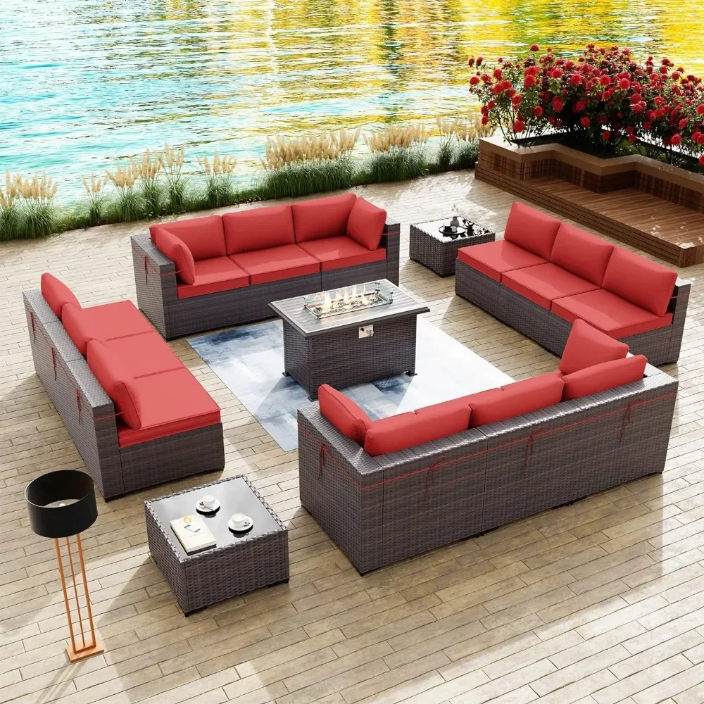 

15PCS Outdoor Patio Furniture Set with 43" 55000BTU Gas Propane Fire Pit Table PE Wicker Rattan Sectional Sofa w/8 Coner Sofas