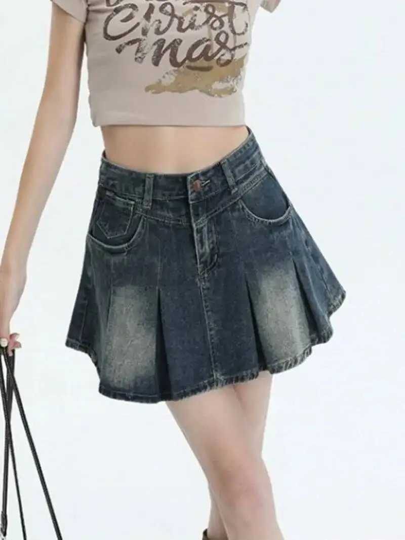 American Versatile High Waist Denim Skirt Women's Summer New Plus Size Pleated Skirt Small Size Slim A-Line Ves Fashion TPU5