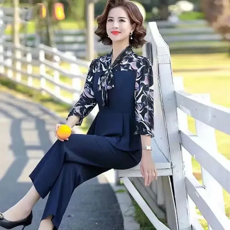 

Модный новый стильный темпераментный топ, широкие брюки, костюм из двух предметов, осенний костюм для мам среднего возраста, модный женский костюм