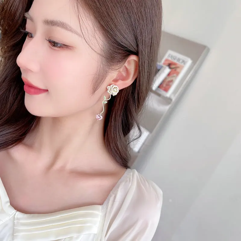 Gold Tone Rose Cubic Zirconia Long Drop Earrings Twisted Stem Leaf Pink Heart Crystal Dangle Earrings For Women Daily Wear