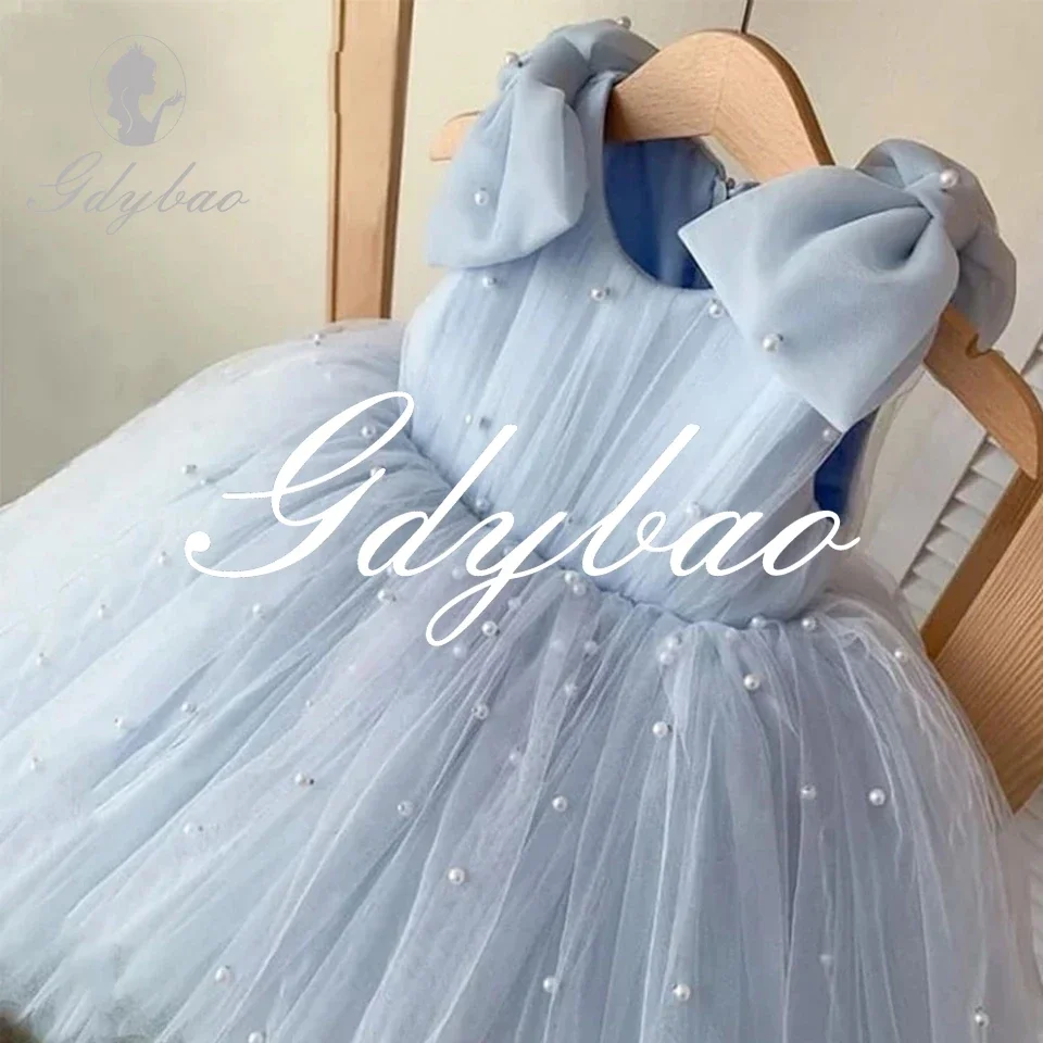 JYS Pearls Beading Sleeveless Flower Girl Dresses For Wedding Puffy Tulle Baby Party First Communion Gowns With Bows