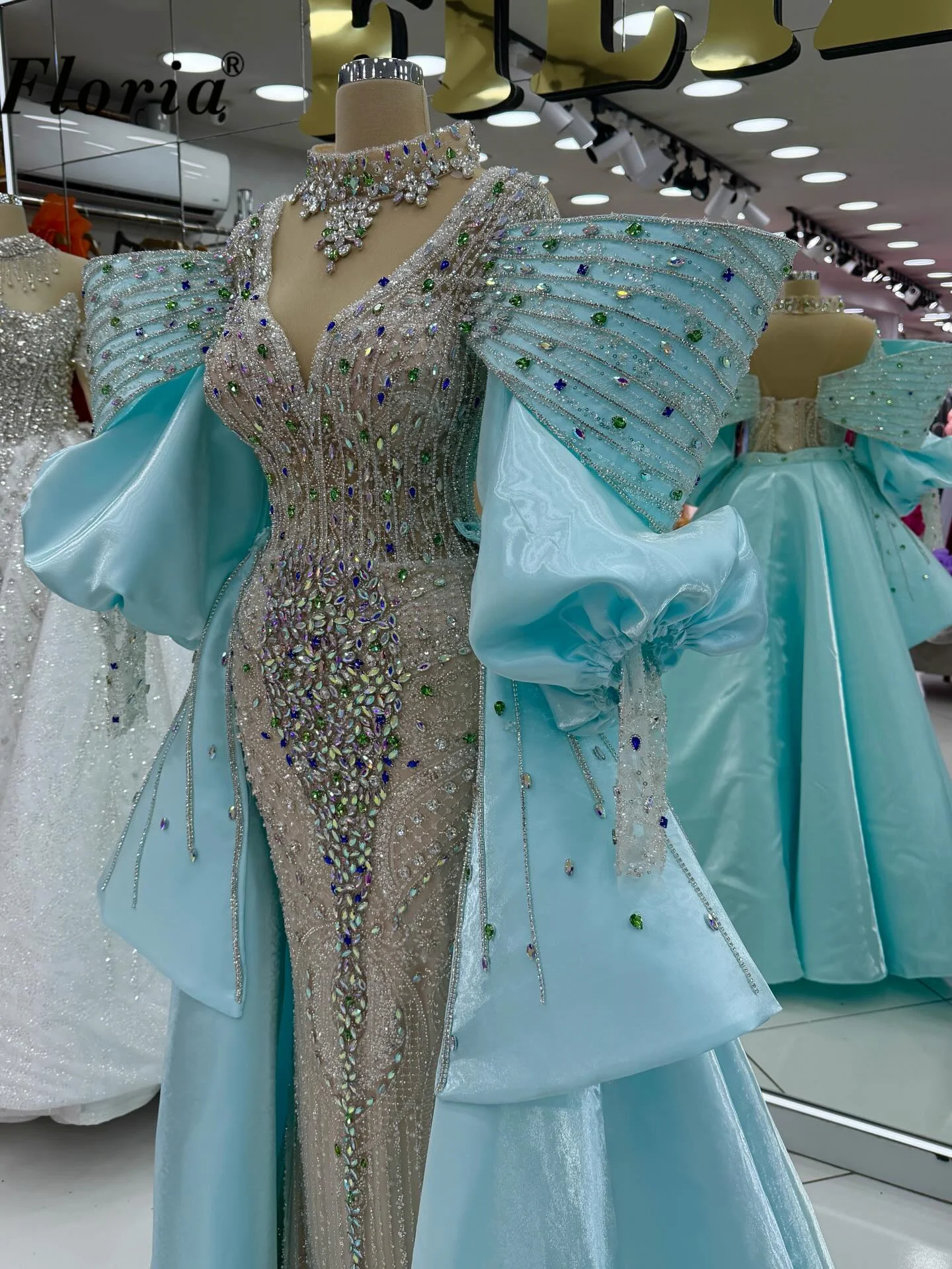 Blue Green Diamonds Prom Dresses Puff Sleeve Wing Shoulder Mermaid Formal Occasion Dress Beaded Wedding Party Gowns Evening Wear