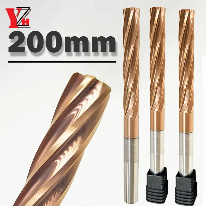 YZH 200mm Carbide Machine Reamer Extended HRC60 Coated Spiral Groove Tolerance H7 Harened Steel Metal Cutter CNC Turning Hole