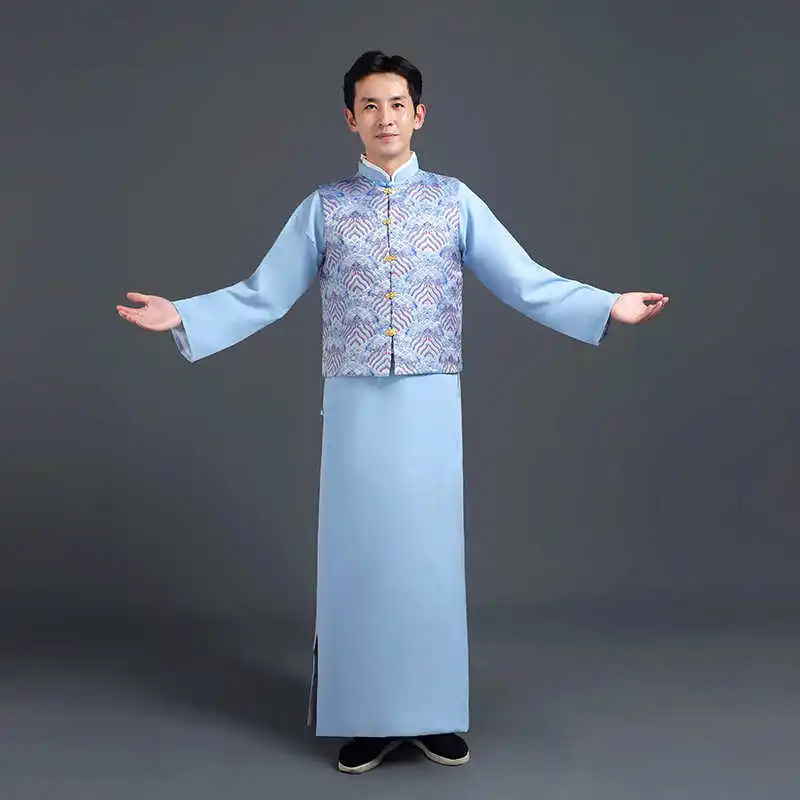

Traditional China Costume Men's Clothing Vest + Blue Long Gown Chinese Cross Talk Attire Groom Red Robe Suit in OrientTown TP095