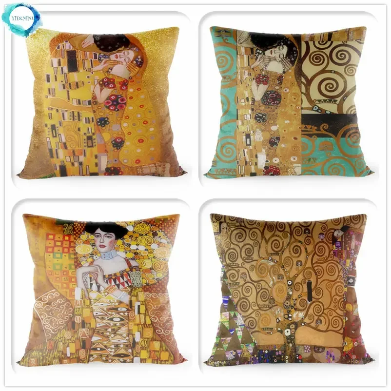 Gustav Klimt Painting Cushion Cover Gold Pattern Print Pillow Cover Satin 40*40 CM Throw Pillowcase Decorative For Home