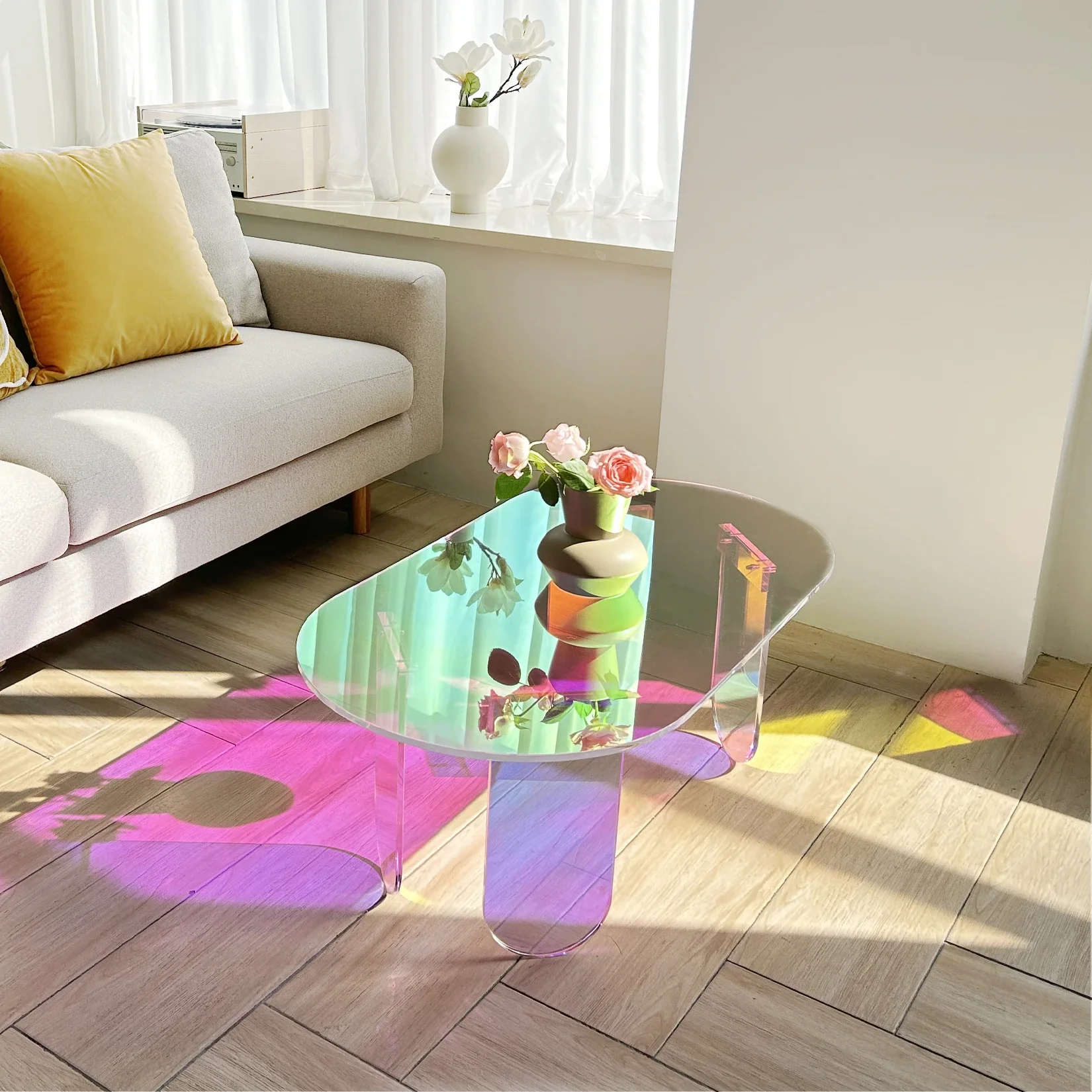 Coffee Table, Iridescent Acrylic End Table, Colorful Acrylic Side Table 37.4 in (L) x 19.7 in (W) x 14.2IN (H)