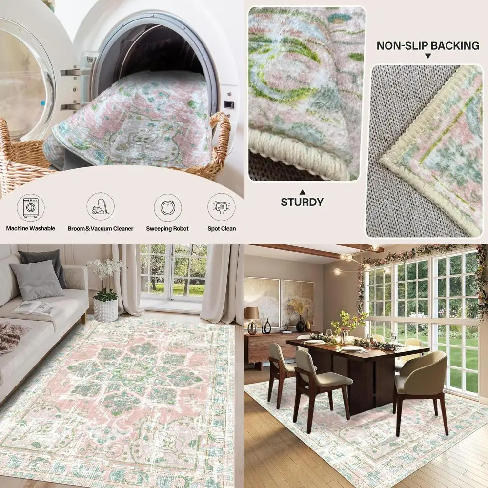 

Vintage Washable Neutral-Tone Pink & Green 5x7 Rug for Nursery, Living Room, Dining Room, Bedroom, and Girls' Room