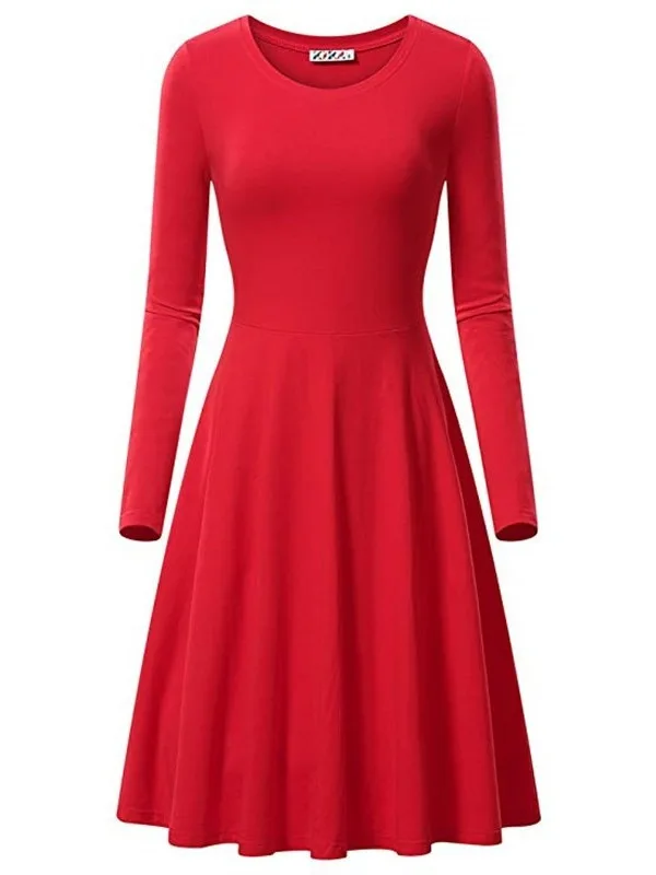 Damen Casual A-Linien-Midikleid Hohe Taille Langarm Rundhals Einfarbig Dehnbar Elegant Übergröße Herbst Winter Rot Damen